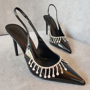 Steve Madden Pumps 10 Black Patent Thrill Rhinestone Fringe Slingback New $110